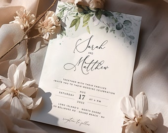 Editable Greenery Wedding Invitation Templates, Boho Eucalyptus Wedding Invites, Modern Wedding Template Suite, Instant Download REESE