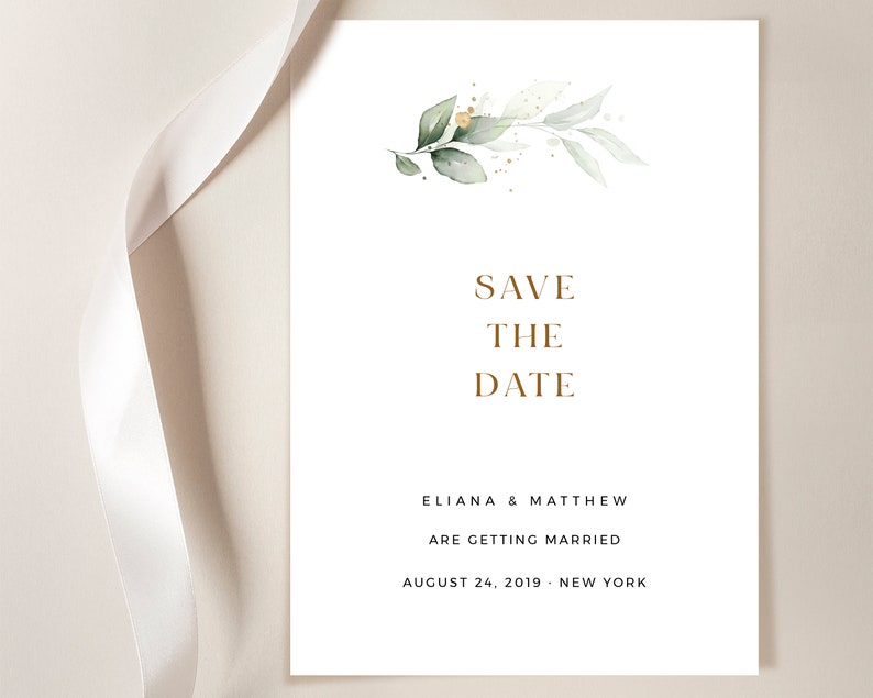 CLEO Printable Save the Date Card INSTANT DOWNLOAD Printable Editable Save the Date Template Bohemian Greenery with Eucalyptus and Gold