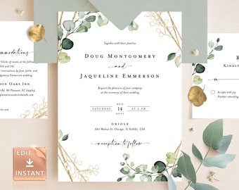 ELISA - Eucalyptus Wedding Invitation, Geometric Elegant Printable Invite Templates Modern Editable, Thank You RSVP Details Bundle