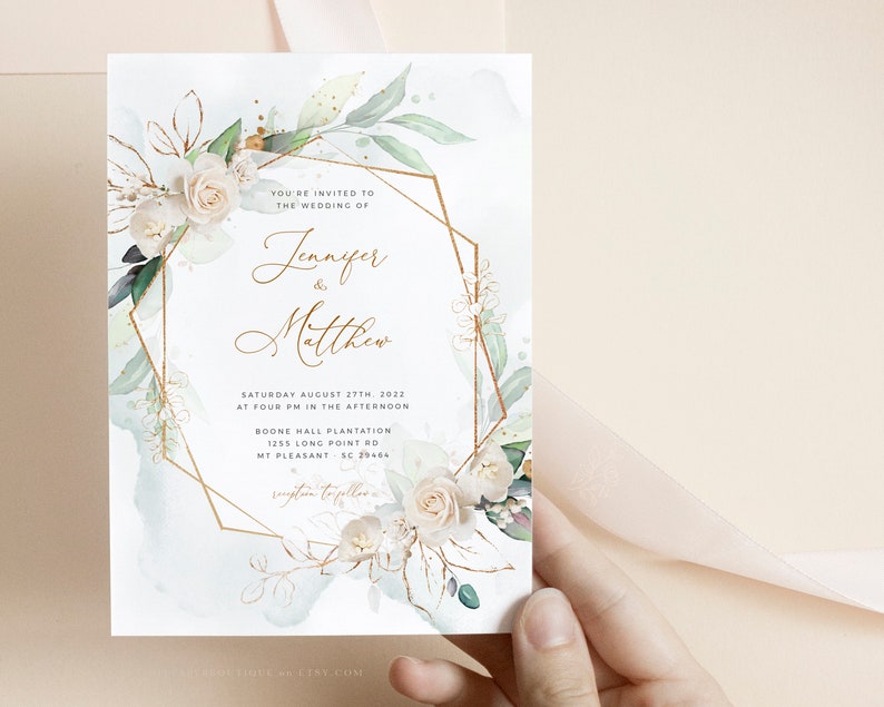 MARCI Geometrische Hochzeitseinladung Vorlage, Weiße Rose Faux Gold Hochzeitseinladungsvorlage, Hochzeitseinladung herunterladen, Invite Suite Kit Bild 8