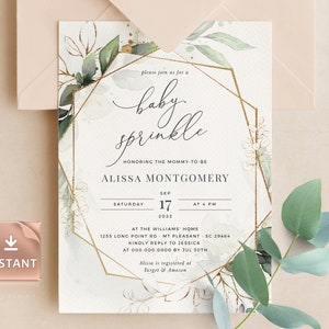 Geometric Baby Sprinkle Invitation: Neutral Greenery (Editable Template)