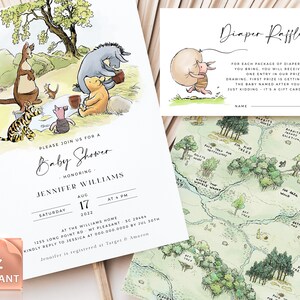 POOH - Invito per baby shower con orso, classico Winnie-The-Pooh Baby Sprinkle, lotteria di pannolini, richiesta di libro, biglietto di ringraziamento, modello modificabile