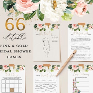 66 Pink Floral Bridal Shower Games: Editable Wedding Printable