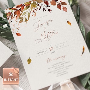 SIENNA - Fall Wedding Program Fan Template, Editable Download, Printable Ceremony Fan, DIY Program Fan Template, Order of Service