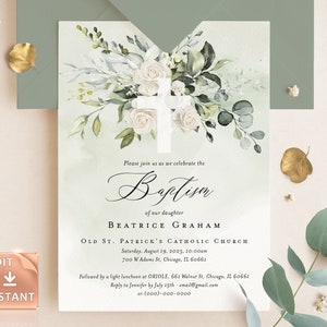 NEVE - modèle d'invitation de baptême de verdure de roses blanches, invitation de baptême neutre en matière de genre imprimable élégante, téléchargement immédiat modifiable moderne