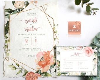 Plantilla de invitación de boda Blush Roses, conjunto de 10 piezas, paquete completo, imprimible, editable, descargue su suite de boda instantánea