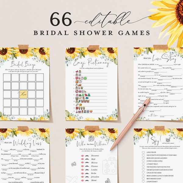 66 SUNFLOWER Bridal Shower Games, Printable Yellow Bridal Shower Games, Wedding Shower Games, Editable Bridal Party Games, Hen Game Bundle