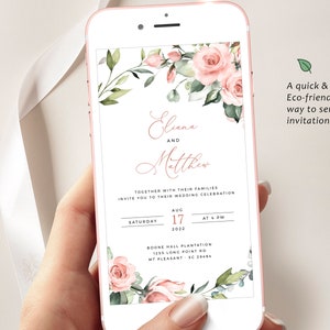 MIU - Red Roses Electronic Invitation, Smartphone Evite, Blush Greenery Digital Template, Peach Mobile Invite, Instant Download, Smartphone