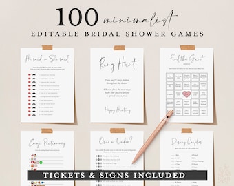 Minimalist Bridal Shower Games: 66 Cards, 18 Signs (Editable, Printable)