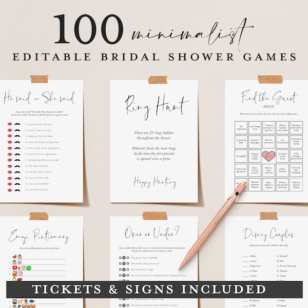 Minimalist Bridal Shower Games: 66 Cards, 18 Signs (Editable, Printable)