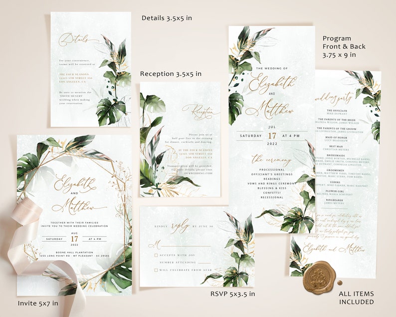 Tropical Wedding Invitation Template, Tropical Wedding Invite Kit, Greenery Invitations, Botanical Editable Ceremony Invites, Instant Edit image 2