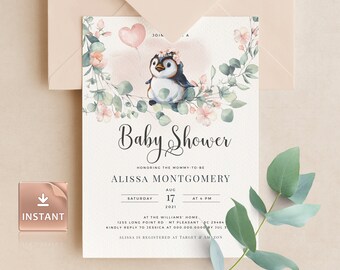 Watercolor Penguin Baby Shower Invitation: Printable Girl Invite (Template)