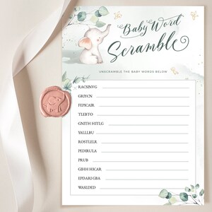 May include: A printable baby shower game with a watercolor background featuring an elephant and greenery. The game is called "Baby Word Scramble" and asks players to unscramble the baby words below. The words are: RACSINVG, GRIYCN, FEPICAIR, TLEBTO, GNITH HILG, YALLIBU, ROSTLELR, PEDIRULA, PRUB, GIHH HICAR, EPDARI GBA, WASLDED.