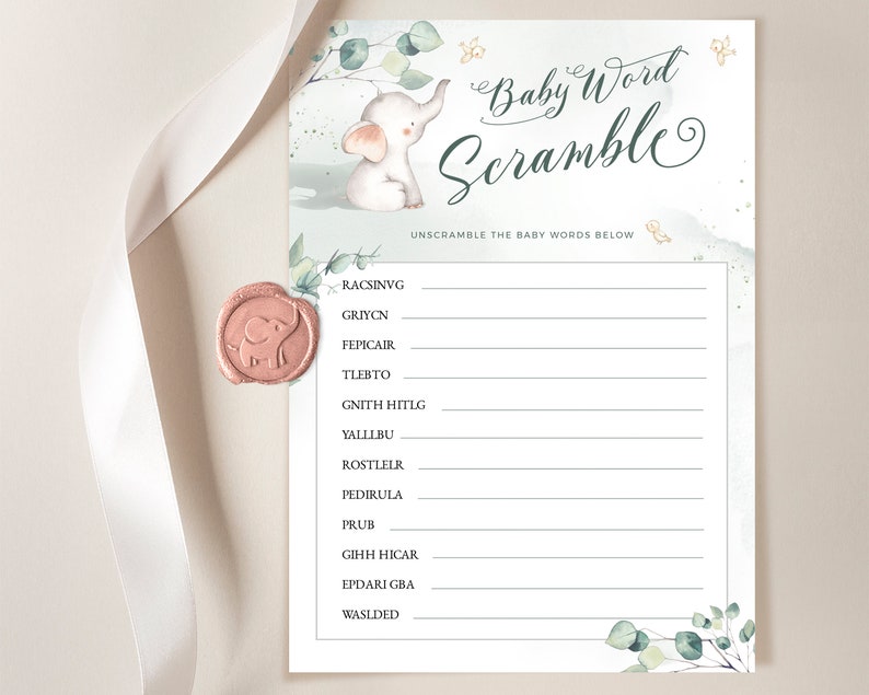 May include: A printable baby shower game with a watercolor background featuring an elephant and greenery. The game is called "Baby Word Scramble" and asks players to unscramble the baby words below. The words are: RACSINVG, GRIYCN, FEPICAIR, TLEBTO, GNITH HILG, YALLIBU, ROSTLELR, PEDIRULA, PRUB, GIHH HICAR, EPDARI GBA, WASLDED.