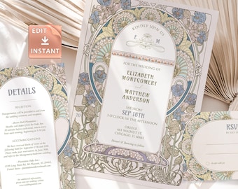 Bougainvillea Wedding Invitation Template: Art Nouveau Editable Invite