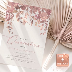 May include: A blush pink and gold Quincea&ntilde;era invitation with floral designs. The invitation reads "Join us for a Quincea&ntilde;era honoring Consuela Fernanda, Saturday, August 8th, 2021, 3 PM at Oriole, 661 W Walnut St, Chicago, IL 60661, USA, RSVP by 09.07.2021 to Jasmine at (555) 123-4567, Registered at Target & Macy's."