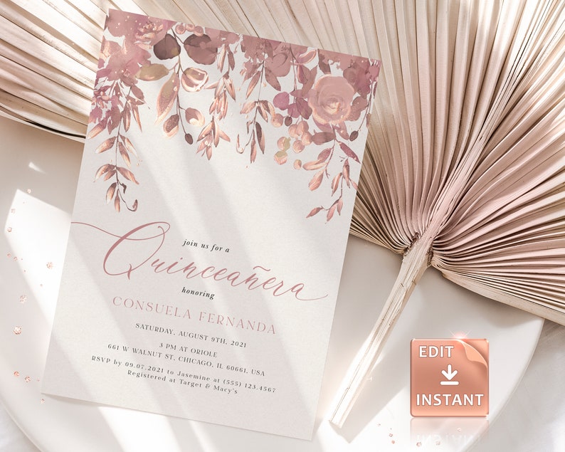 May include: A blush pink and gold Quincea&ntilde;era invitation with floral designs. The invitation reads "Join us for a Quincea&ntilde;era honoring Consuela Fernanda, Saturday, August 8th, 2021, 3 PM at Oriole, 661 W Walnut St, Chicago, IL 60661, USA, RSVP by 09.07.2021 to Jasmine at (555) 123-4567, Registered at Target & Macy's."