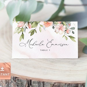 KYLIE - Tafelnaamkaarten Bruiloft, Blush Roze Bloem Aquarel Groen, Plat en Tent Gevouwen, DOWNLOAD, Bewerkbare Zitplaats Sjabloon