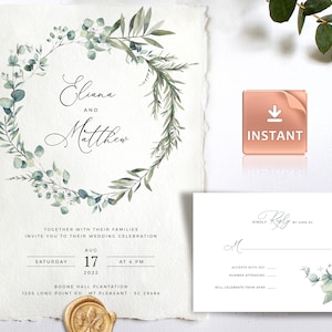 ROMA - aquarel rozemarijn bruiloft uitnodiging sjabloon, Eucalyptus groen, bewerkbare, afdrukbare Boho Set, Instant Download, DIY nodigt uit