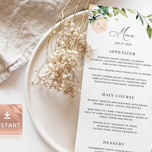NEVE - Carta menu rosa bianca, menu nuziali stampabili nel verde, cena brunch addio al nubilato, modelli personalizzabili modificabili stampabili