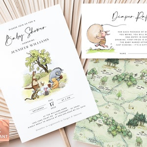 Ourson - faire-part de baby shower ours, saupoudrer de Winnie l'ourson classique pour bébé, tombola de couches, demande de livre, carte de remerciement, modèle modifiable