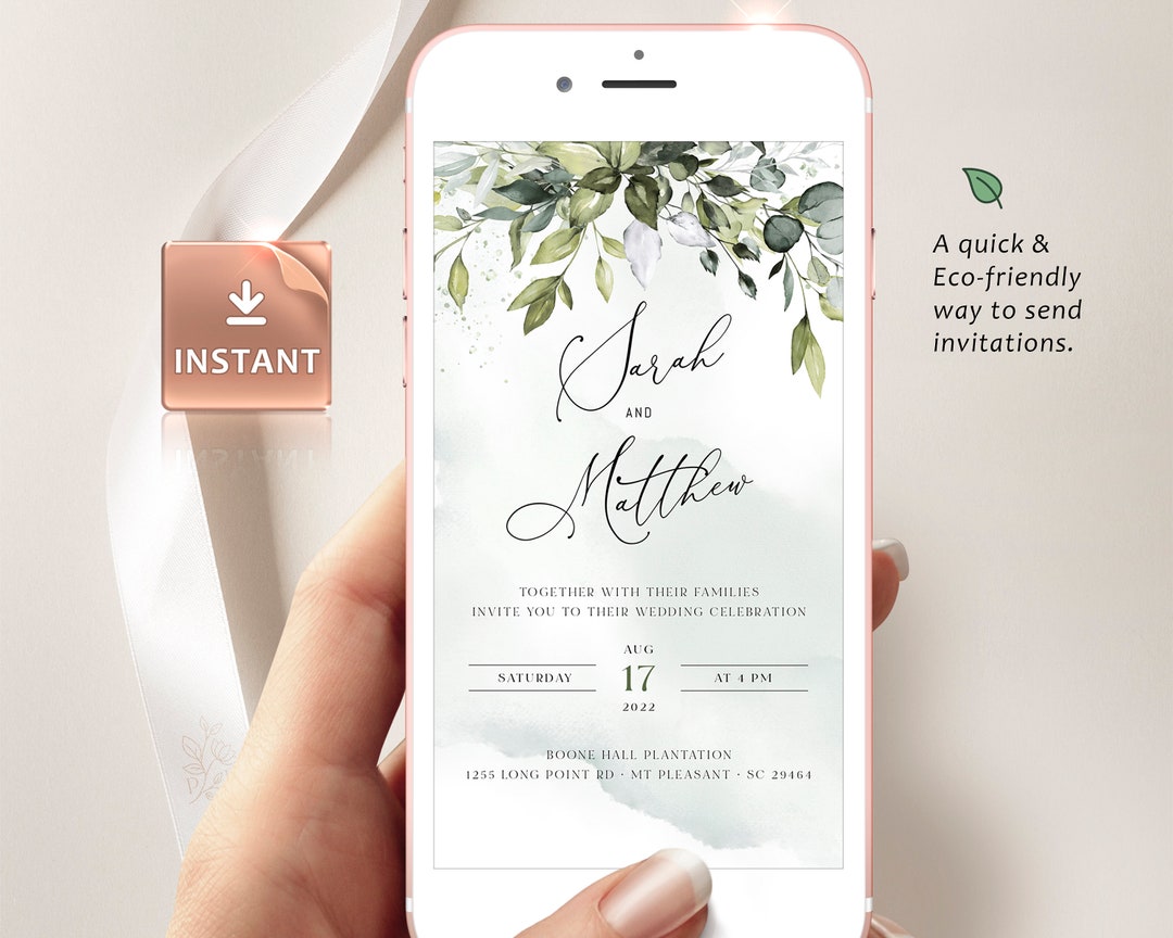 REESE Greenery Wedding Evite, Invitation Electronic Card, Smartphone