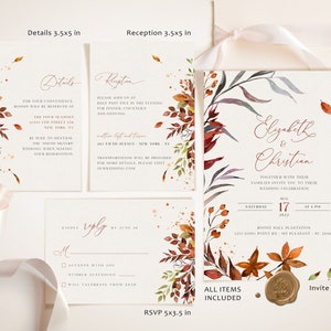 SIENNA Rustic Fall Wedding Invitation Template, Autumn Leaves and Greenery, Download Editable Invite, Printable Marriage, Bundle Invites image 9