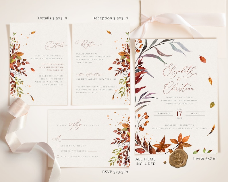 SIENNA Rustic Fall Wedding Invitation Template, Autumn Leaves and Greenery, Download Editable Invite, Printable Marriage, Bundle Invites image 9