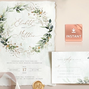 CLEO Gold Wedding Invitation Template, Boho Wedding Invite.