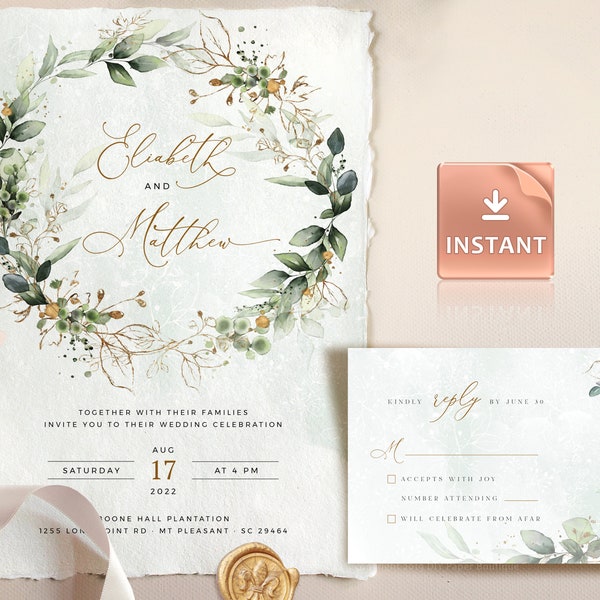CLEO - Gold Wedding Invitation Template, Boho Wedding Invite Template, Wedding Invitation, Invitation Template Download, Faux Gold Invite