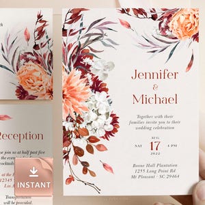 Wedding Invitation, Boho Fall Burnt Orange Greenery Suite | Editable Printable Template | 5x7, RSVP, Program