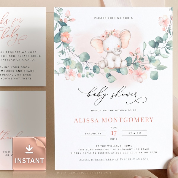 Pink Elephant Baby Shower Invitation: Eucalyptus Watercolor (DIY Editable)