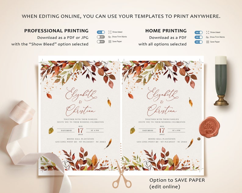 SIENNA Fall Wedding Template Kit, Burnt Orange Wedding Invite Kit, Whimsical Wedding Invitation Set, Invitation Collection Template Bundle image 8