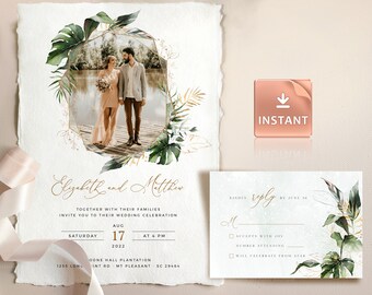 PAIGE - Photo Wedding Invitation Template, Tropical Picture Wedding Invite, Greenery Invitations, Botanical Editable Invites, Picture Invite