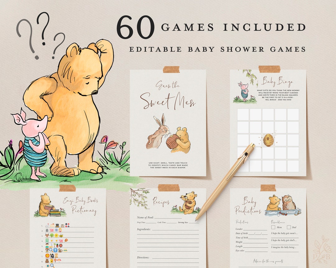 Classic Winnie the Pooh Baby Shower Games, Editable Classic Pooh Templ –  WeeCutes