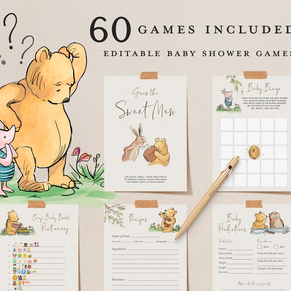 60 POOH Baby Shower Games, Editable Winnie-The-Pooh Classic Party Games, Download, Piglet Owl Kanga Roo, Virtual Baby Games, Printable DIY