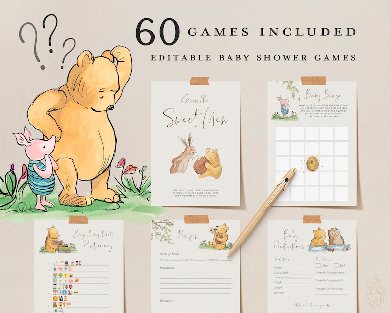 May include: A set of printable baby shower games featuring Winnie the Pooh characters. The games include Baby Bingo, Guess the Sweet Mess, Easy Baby Books Pictionary, Recipes, and Baby Predictions. The games are editable and include a watercolor background.
