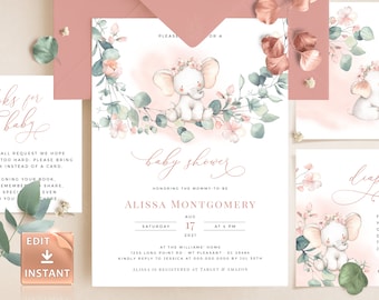 Pink Elephant Baby Shower Invitation: Eucalyptus Watercolor (DIY Editable)