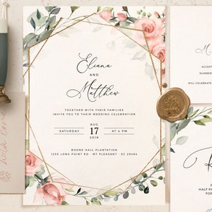 Geometric Rose Wedding Invitation Template: Red Peonies (DIY INSTANT Download)