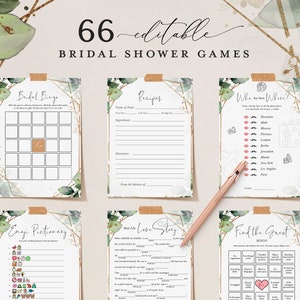Gold Green Bridal Shower Games: 66 Printable Cards (Editable)