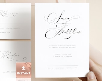 SUSA - Calligraphy Minimalist Wedding Invitation Template, Modern Classic Stationery Editable Printable Marriage Minimalistic Invitations