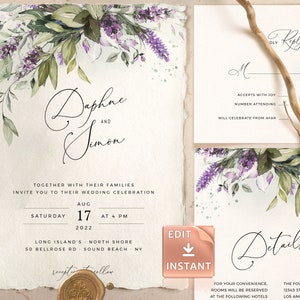 Lavender Wedding Invitation Template: Watercolor Greenery (Instant Download)