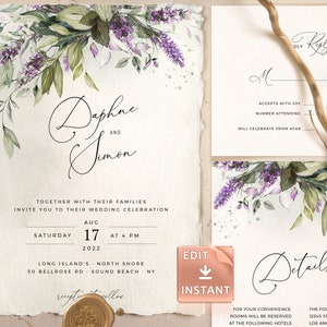 LAMI - Lavender Wedding Invitation Template, Purple Watercolor Greenery Wedding Invite, Sage Garden Wedding Template Suite, Instant Download