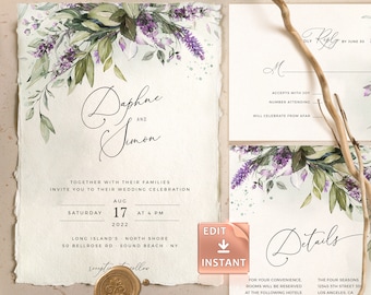 LAMI - Lavendel Hochzeit Einladungsvorlage, Lila Aquarell Grün Hochzeitseinladung, Salbei Garten Hochzeit Vorlagensammlung, Sofortiger Download