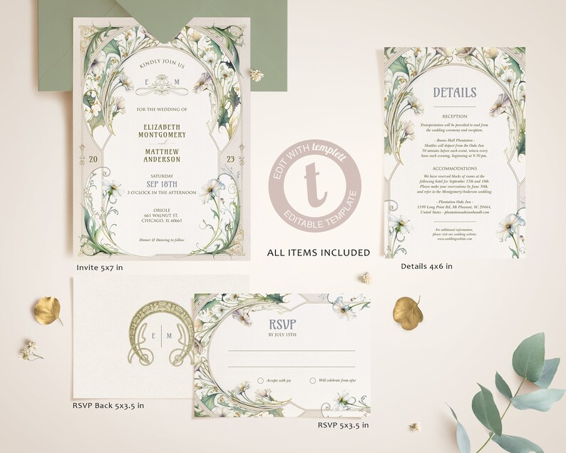 Vintage Daisy Wedding Invitation Template Art Nouveau Mucha Classic Editable Customizable Retro Invite Art Deco Theme Roaring 20th image 2