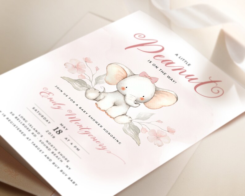 Pink Elephant Baby Shower Invitation Template Baby Elephant Etsy