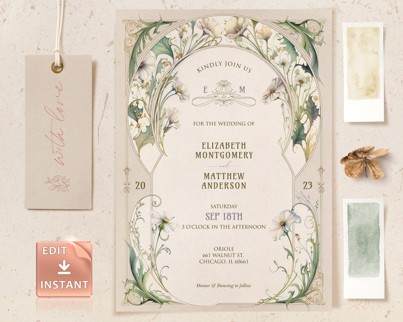 Vintage Daisy Wedding Invitation Template Art Nouveau Mucha Classic Editable Customizable Retro Invite Art Deco Theme Roaring 20th image 7