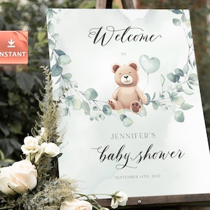 FUZZY - Bear Baby Shower Welcome Sign, Custom Bear Balloon Sign, Editable Animal Poster, Teddy Welcome, Gender Neutral Brown Bear Signage