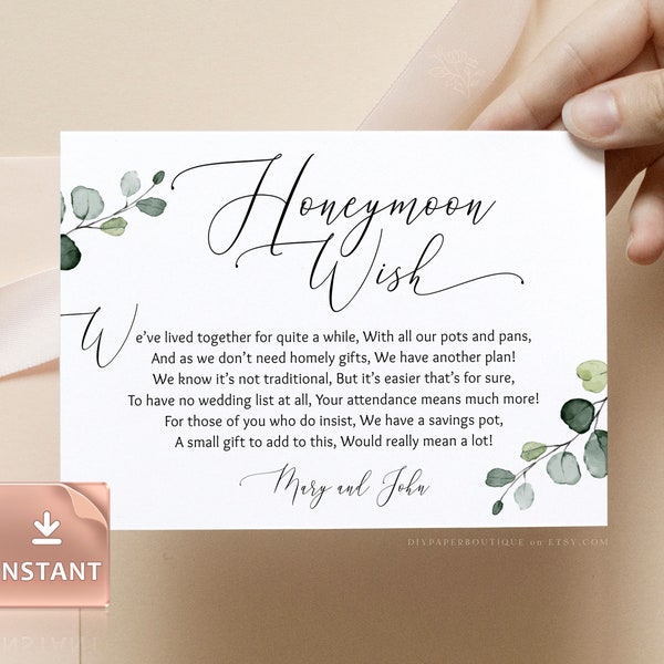 Honeymoon Fund Template, Wishing Well Card, INSTANT DOWNLOAD, Editable Text, Printable Honeymoon Wish Card, In Lieu of Gifts, Handmade DIY
