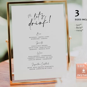 May include: Printable wedding sign with the text "Let's drink!" and a list of drinks, including beer, spirits, wine, and signature cocktails. The sign is in a gold frame and has a pink "Edit Instant" button.